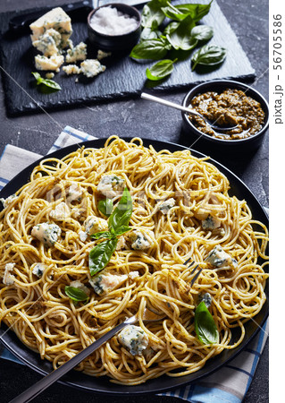 pasta with basil pesto and blue cheese 56705586