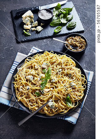pasta with pesto, blue cheese, top view 56705587