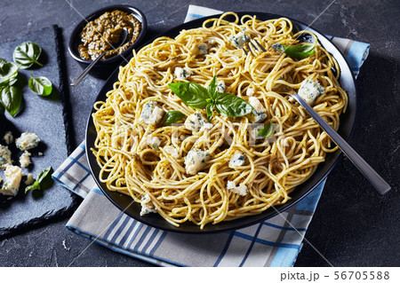 tasty pasta with basil pesto, top view 56705588