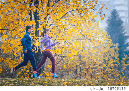 Woman and man jogging or running in park during autumn 56706136