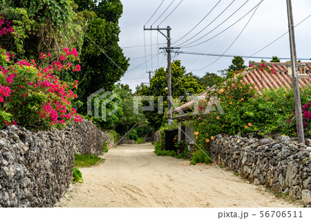 沖縄　竹富島　まちなみ　赤瓦の屋根　砂の道 56706511