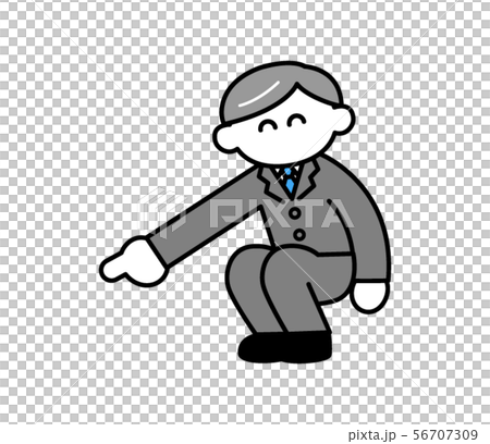 下を指さす笑顔スーツ姿の中高年男性(デフォルメ) 下を指さす笑顔スーツ姿の中高年男性(デフォルメ) 56707309