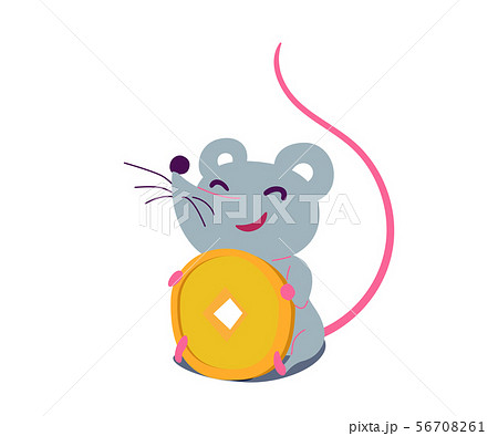 Cartoon cute rat in simple flat style sitting and holding money. Vector illustration 56708261