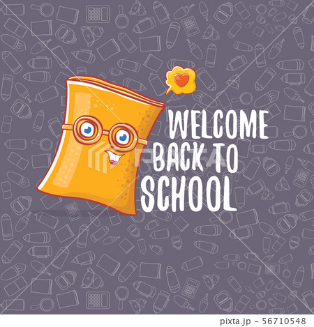 Back to school banner or poster with cartoon funky book and hand drawn doodle text label on grey 56710548