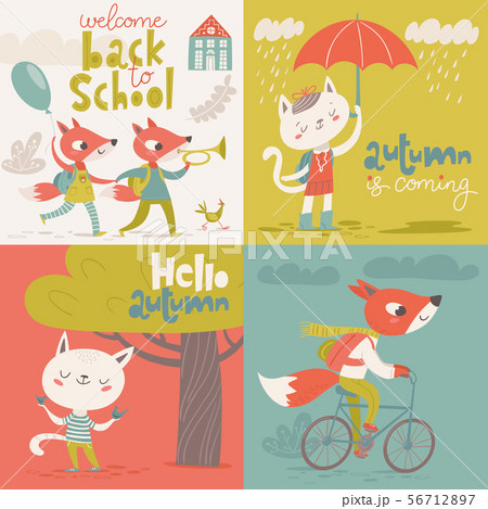 Set of four vector vintage style welcome back to school designs with cartoon animals. Set of four vector vintage style welcome back to school designs with cartoon animals. 56712897