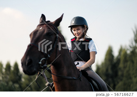 Girl teenager jockey sits on a brown horse in nature. 56716627