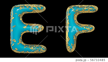 Realistic 3D letters set E, F made of gold shining metal letters. 56733485