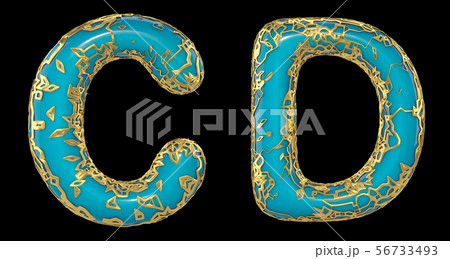 Realistic 3D letters set C, D made of gold shining metal letters. 56733493
