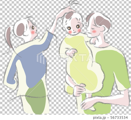 抱っこした子供を世話する3人家族のイラスト素材