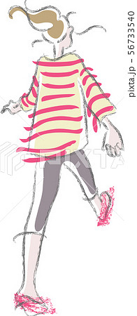 ボーダーtシャツを着て元気に歩く女性の後ろ姿のイラスト素材