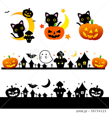 ハロウィン素材 月と黒猫とカボチャおばけジャック オー ランタン のイラスト素材