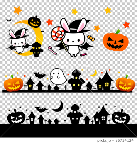 ハロウィン素材 魔法使いうさぎさんとカボチャおばけジャック オー ランタン のイラスト素材