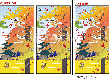 日本の秋の風景の間違い探しクイズのイラスト素材 56736222 Pixta