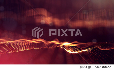 3d rendering background of glowing particles that form curved lines and 3d surfaces, grid with depth 56736622