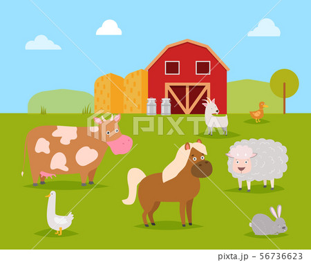 Farm animals such as cow, horse, sheep with rabbit and duck, horse with red barn vector illustration 56736623