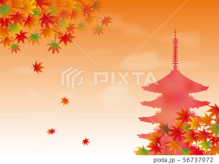 Autumnal leaves and five-storied pagoda - Stock Illustration