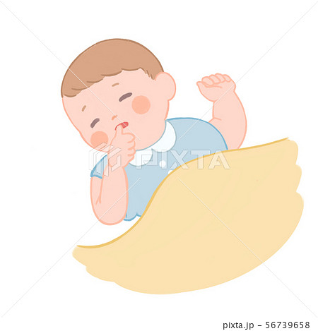 ゆびしゃぶりする赤ちゃん 青のイラスト素材