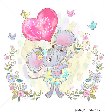 Cute mouse girl with a balloon in the shape of a heart. I love you. Valentine. Vector. Watercolor 56741795
