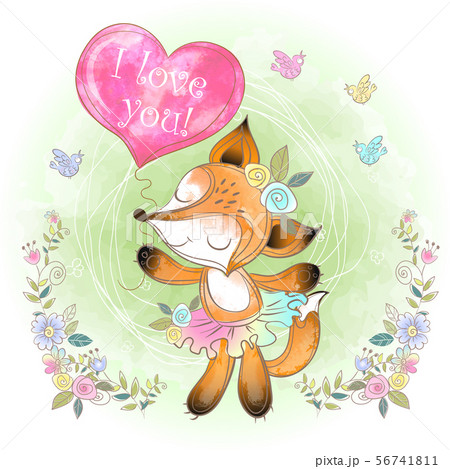 Cute Fox With A Balloon In The Form Of A Heart のイラスト素材