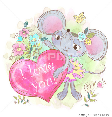 Cute mouse girl with a big heart. I love you. Valentine. Vector. Watercolor 56741849