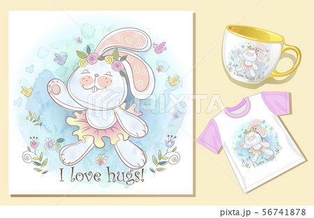 Bunny hug. Hilarious e-card. Print on the mug and t-shirt. Vector. Watercolor 56741878