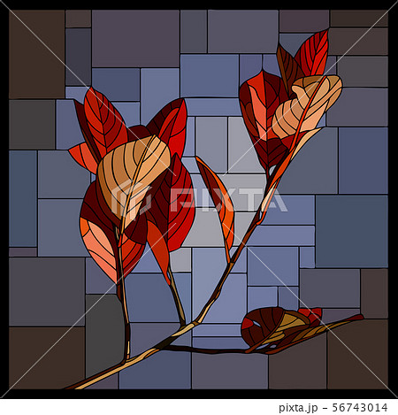 Stained glass window with branch of autumn leaves. Stained glass window with branch of autumn leaves. 56743014