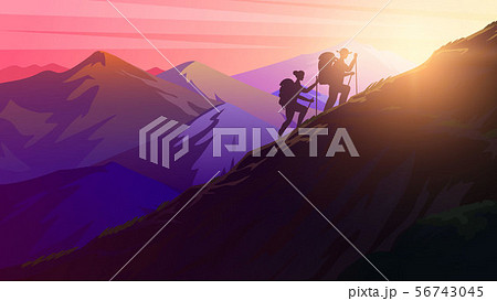 Hiking uphill. Sunrise in the mountains. Foggy layered landscape. Silhouette of tourists climbing to Hiking uphill. Sunrise in the mountains. Foggy layered landscape. Silhouette of tourists climbing to 56743045