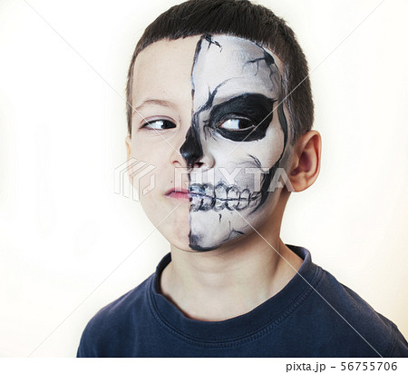 Little Cute Boy With Face Paint Like Skeleton の写真素材