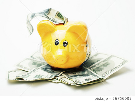 yellow piggy bank with cash dollars, standing in mount of banknotes yellow piggy bank with cash dollars, standing in mount of banknotes 56756005