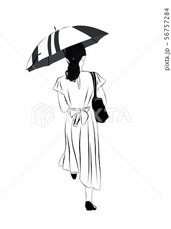 歩く女性の後ろ姿 日傘をさすのイラスト素材