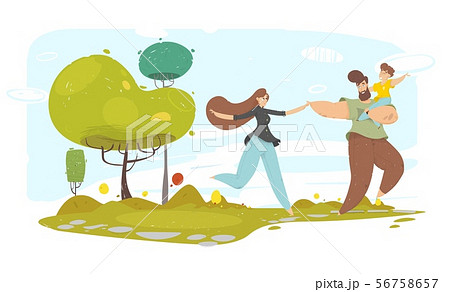 Happy Family with Kid Running along Garden Path Happy Family with Kid Running along Garden Path 56758657
