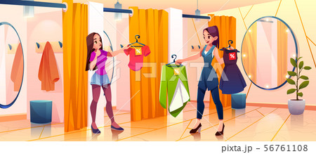 Woman In Fitting Room Try On Clothes In Storeのイラスト素材