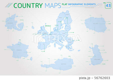 European Union, Denmark, France, Finland, Poland and Austria Vector Maps 56762603