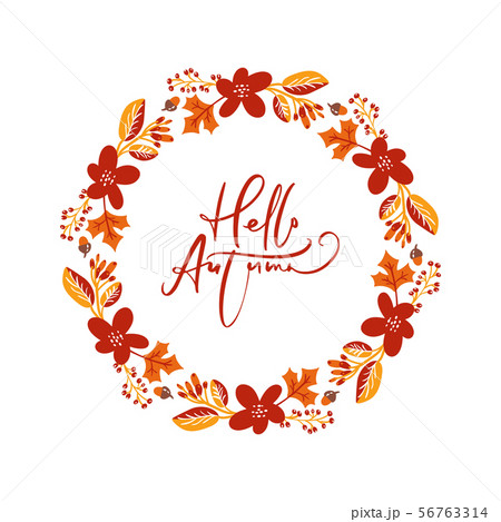 Vector frame autumn bouquet wreath. Orange leaves, berries and pumpkin with calligraphic text Hello Vector frame autumn bouquet wreath. Orange leaves, berries and pumpkin with calligraphic text Hello 56763314