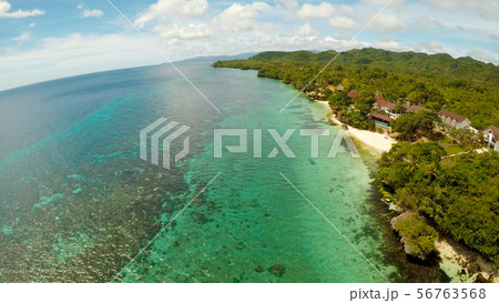 Aerial view of Bohol coast Island with boats. Aerial. Fisheye view. Philippines. 56763568