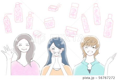 笑顔の女性たちによる口コミとコスメ評価のイラスト素材