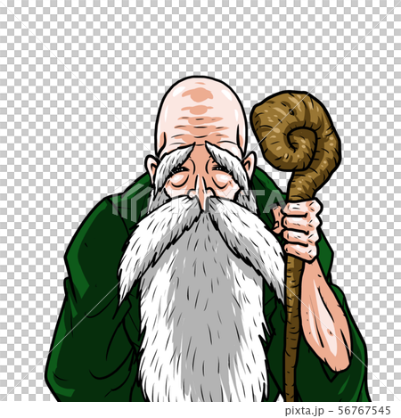 緑着物 左杖右後ろ手 老人 おじいさん 長老 仙人 56767545