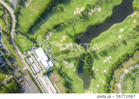 Aerial panoramic view of golf course and houses in Aerial panoramic view of golf course and houses in 56771067