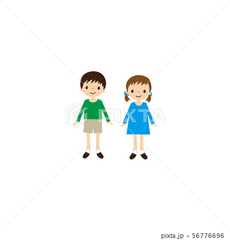 かわいい子供たちのベクターイラスト 笑顔 2人 男女 正面 直立 のイラスト素材