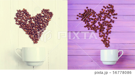 Grain of coffee in the form of a heart over a cup. Grain of coffee in the form of a heart over a cup. 56778086