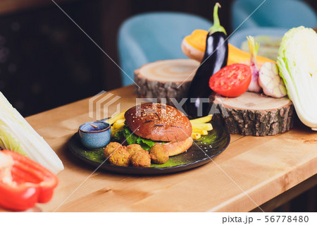 Chef making healthy vegetarian salmon burgers outdoor on open kitchen, odprta kuhna, international 56778480