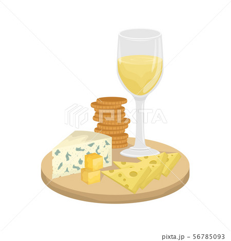 A glass of white wine, cheese platter  56785093