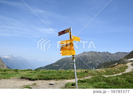 バルム峠のスイス版ハイキングコース標識。ポール下部にはツールドモンブランとアルプトレッキングの表示 56785377