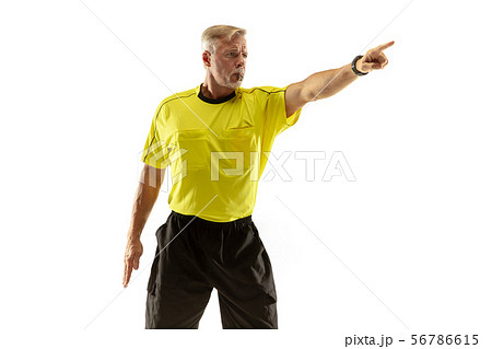 Football referee gives directions with gestures to players isolated on white background 56786615