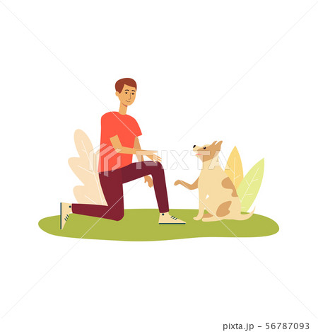 Cartoon dog giving a man his paw, cute pet and his owner 56787093