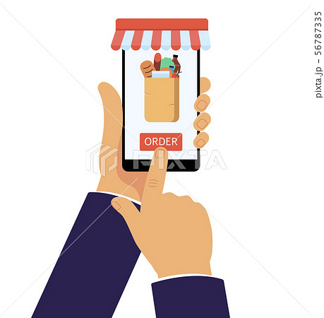 Online grocery shop app on mobile phone. Internet purchase of food in paper bag Online grocery shop app on mobile phone. Internet purchase of food in paper bag 56787335