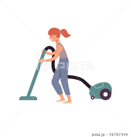 Cartoon girl doing housework using a vacuum cleaner, happy ginger child helping clean the house by 56787349
