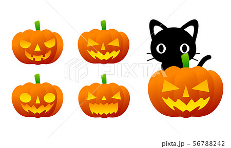 ハロウィン素材 かぼちゃのお化け ジャック オー ランタンと黒猫のイラストアイコン素材のイラスト素材