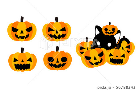 ハロウィン素材 かぼちゃのお化け ジャック オー ランタンと黒猫のイラストアイコン素材のイラスト素材 56788243 Pixta