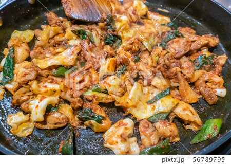 Dakgalbi, Korean style stir-fried chicken with vegetables and spicy sauce Dakgalbi, Korean style stir-fried chicken with vegetables and spicy sauce 56789795